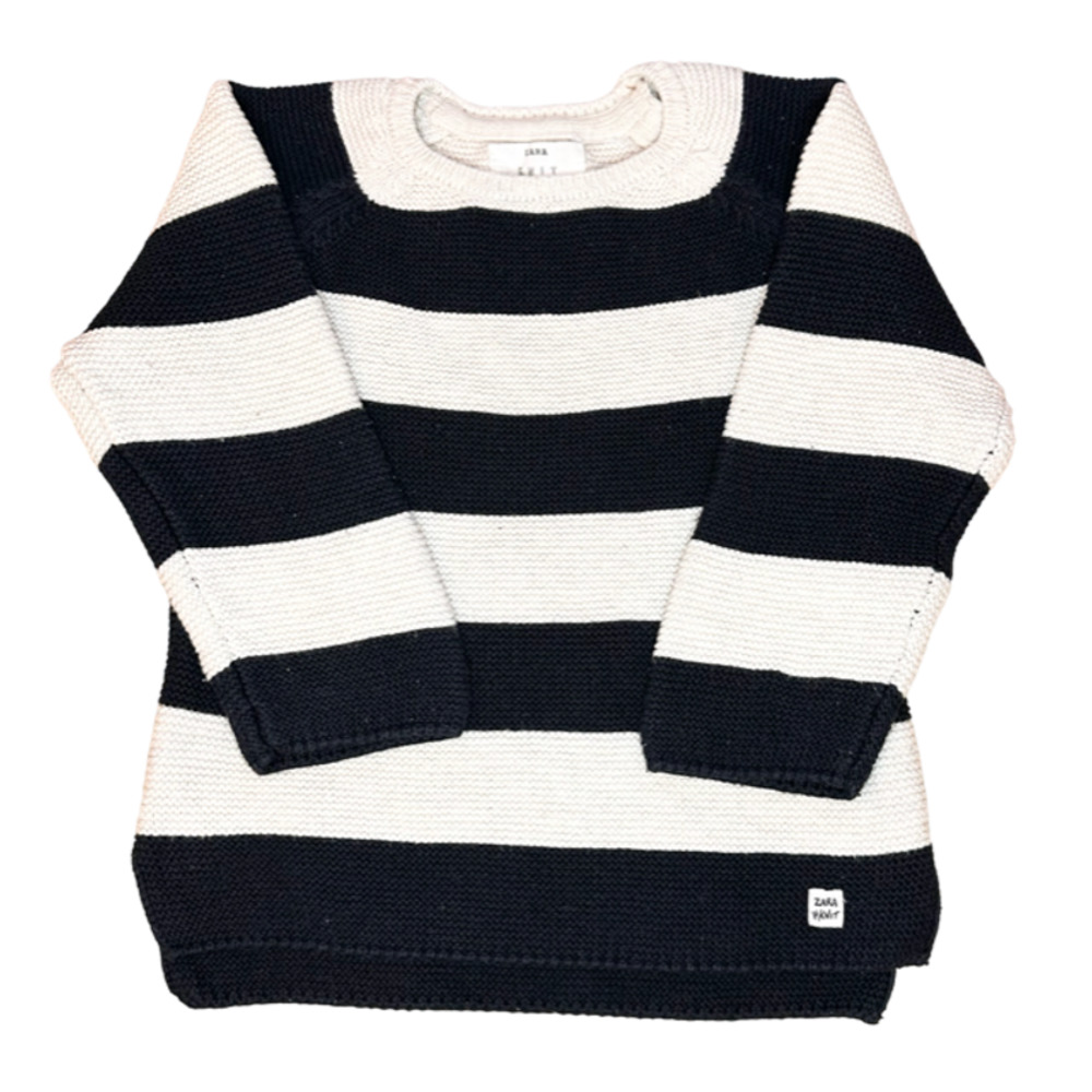 Zara Knit Baby Boy Navy Beige Striped Cotton Sweater 18-24 months Button Accent